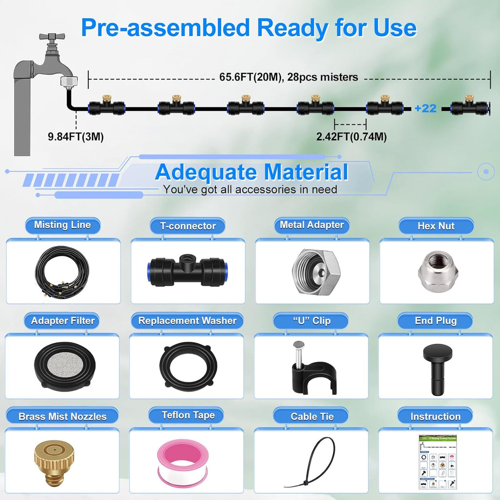 GOXAWEE Misting System, 75FT (23M) Misting Line + 28 Brass Mist Nozzles + Brass Adapter(3/4"), Misters for Outside Patio Cooling Outdoor Garden Greenhouse Trampoline for Waterpark