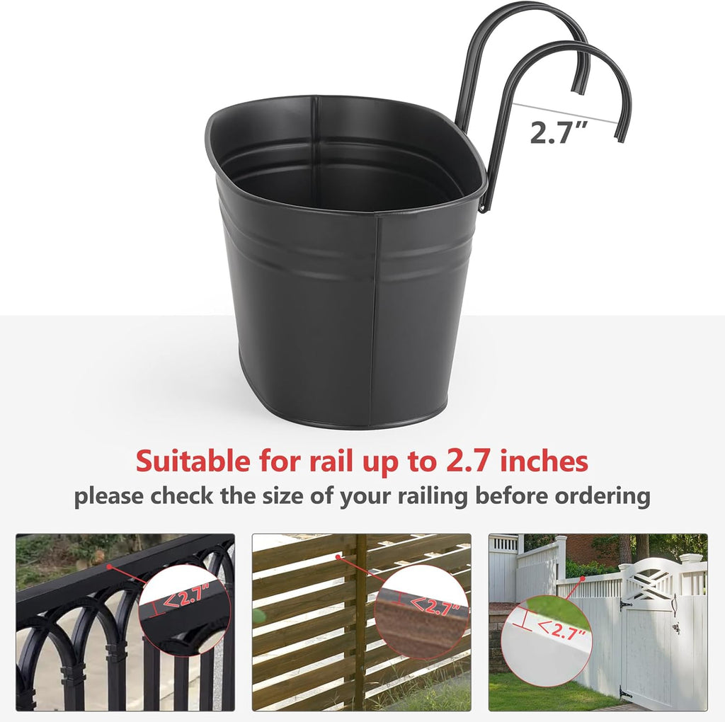Dahey Metal Iron Hanging Flower Pots for Railing Fence Hanging Bucket Pots Countryside Style Window Flower Plant Holder with Detachable Hooks Home Decor,Black,3 Pcs