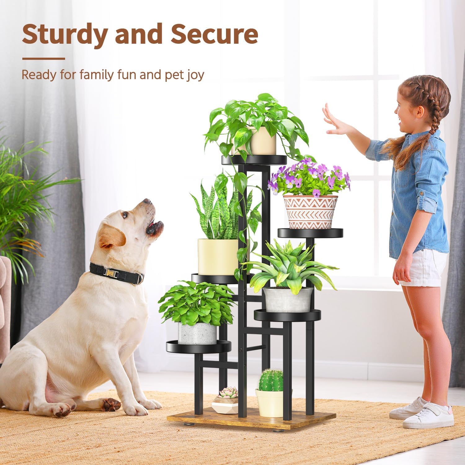 LASZOLA Black 5 Tier Plant Stand Indoor Heavy Duty Rack for Modern House Planter, Metal and Wooden Vertical Organizer Decor Narrow Bathroom Floor, Sturdy Multi Level Flower Holder Raised, Cat Proof