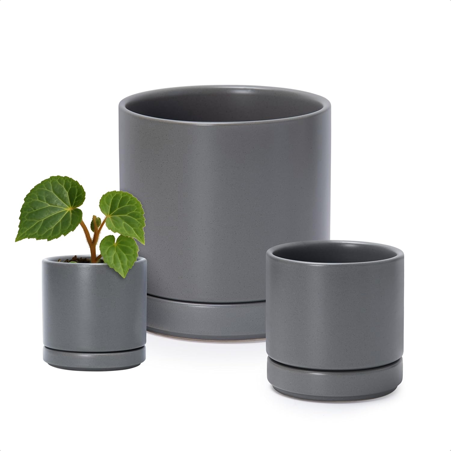 D'vine Dev 3 Inch & 4 Inch & 6 Inch, Set of 3 Round Ceramic Planter Pot with Drainage Hole and Saucer, Grey, 94-T-S-3