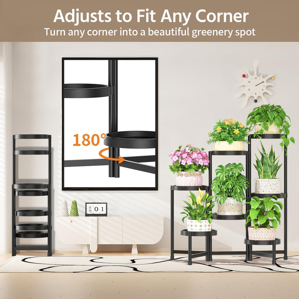 LASZOLA 7 Tiered Folding Plant Stand Indoor for Multiple Large Planter, Tall Heavy Duty Adjustable Rack with Rust Proof Plastic Shelving, Sturdy Vertical Tree Organizer for Narrow Inside Floor, Black