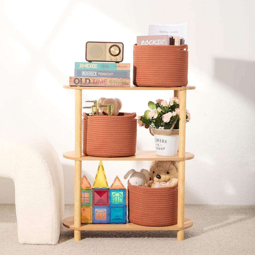 Small Basket for Organizing | Cube Shelf Closet Storage Baskets | 9.7×9.7×7.1” | Woven Rope Gift Basket | Nursery | Round 3 Packs Oxide Red