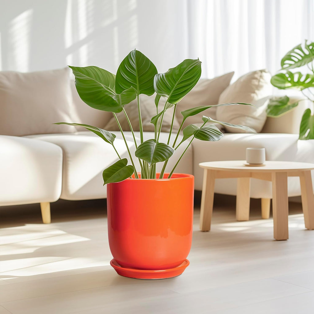 Indoor Planter 10 Inch - Ceramic Plant Pot with Drainage Hole and Saucer, Modern Decorative Round Planter for Indoor Outdoor Plants, Housewarming Gifts, Home Garden Office Decor, Orange