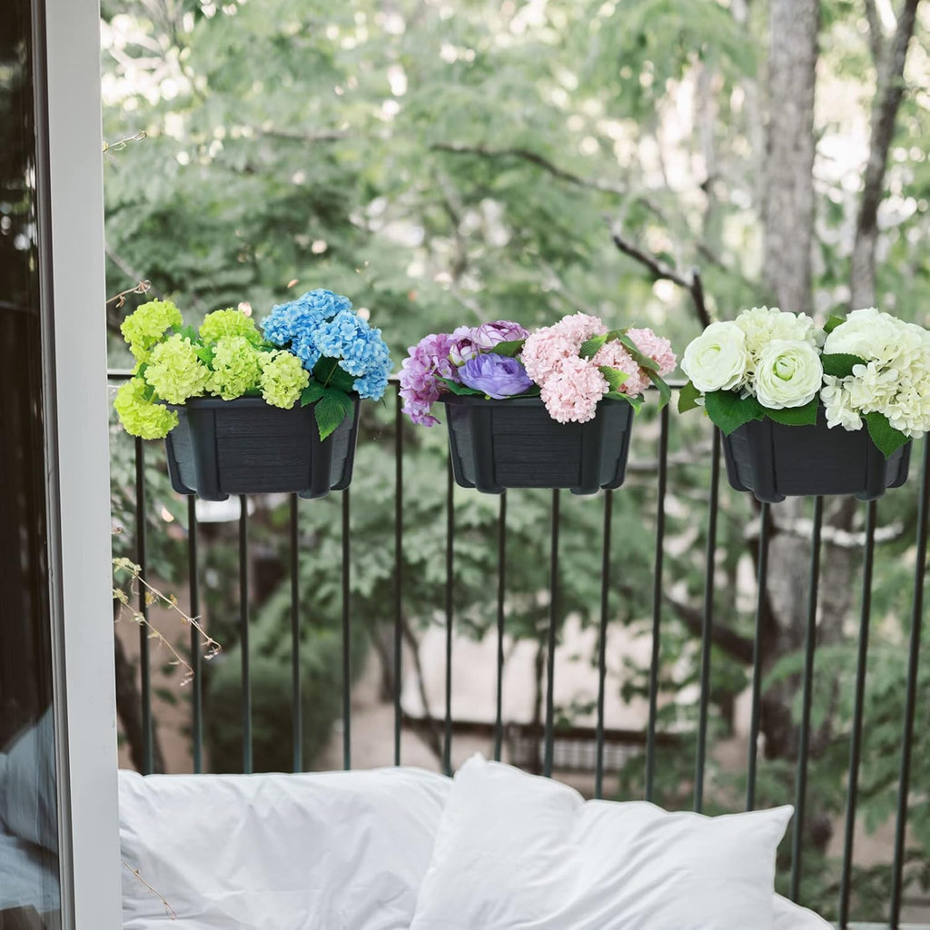 summer flower Hanging Flower Pots, 3 Pack 9.84” Wall Hanging Planters for Railing Fence Balcony, Plastic Plants Pots for Window Box Garden Outdoor Flowers Indoor Decor (Black)