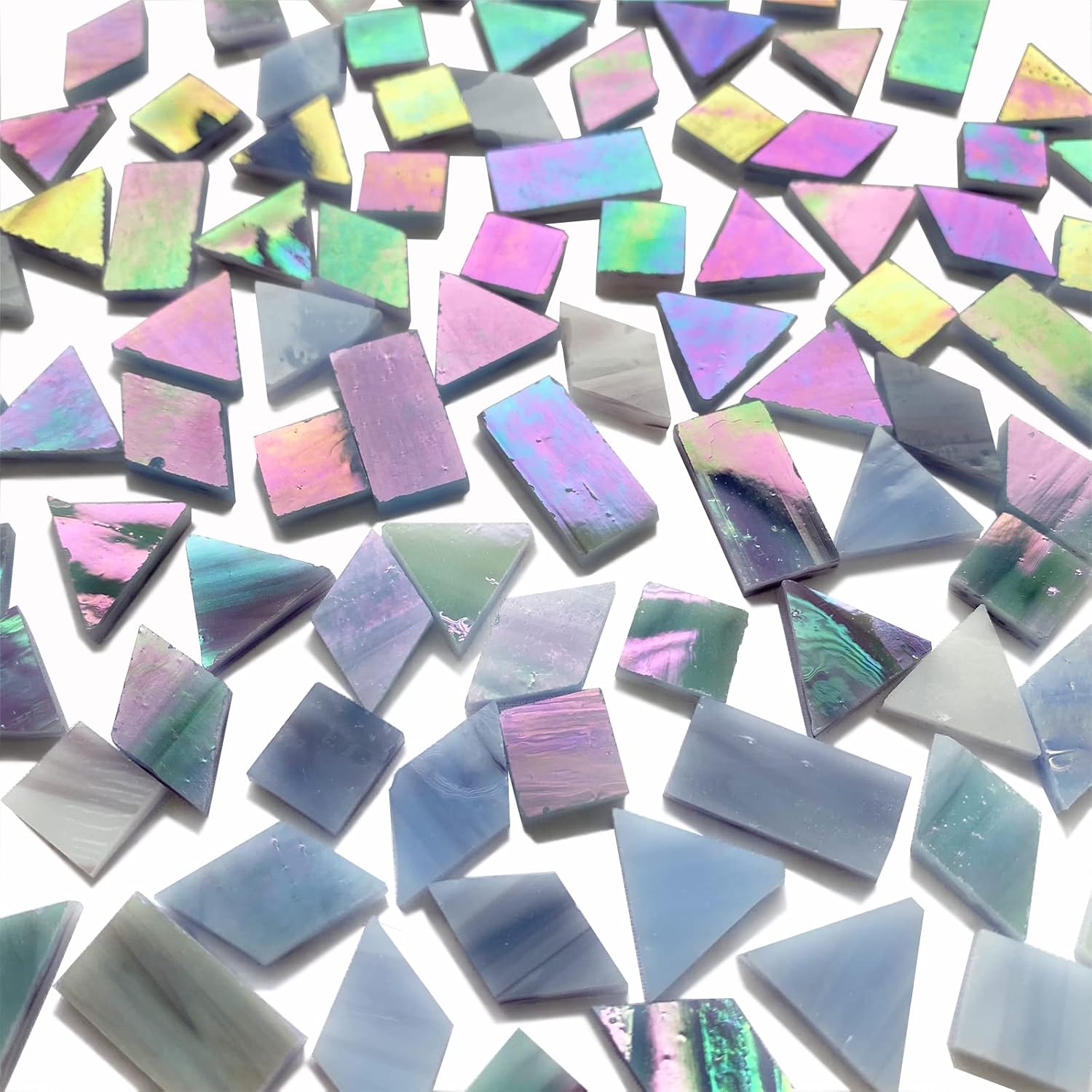 Iridescent Gray Stained Glass Mosaic Tiles for Crafts, 280 Pieces Mixed 4 Shapes Tiffany Stained Glass Sheets for Mosaic Projects
