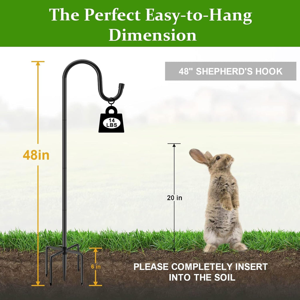 Shepherds Hooks for Outdoor, 48 Inches Garden Bird Feeder Pole for Hanging Bird Feeder, Plant Baskets, Solar Light Lanterns, Outdoor Plant Hanger Hook with 5 Base Prongs, 2 Packs