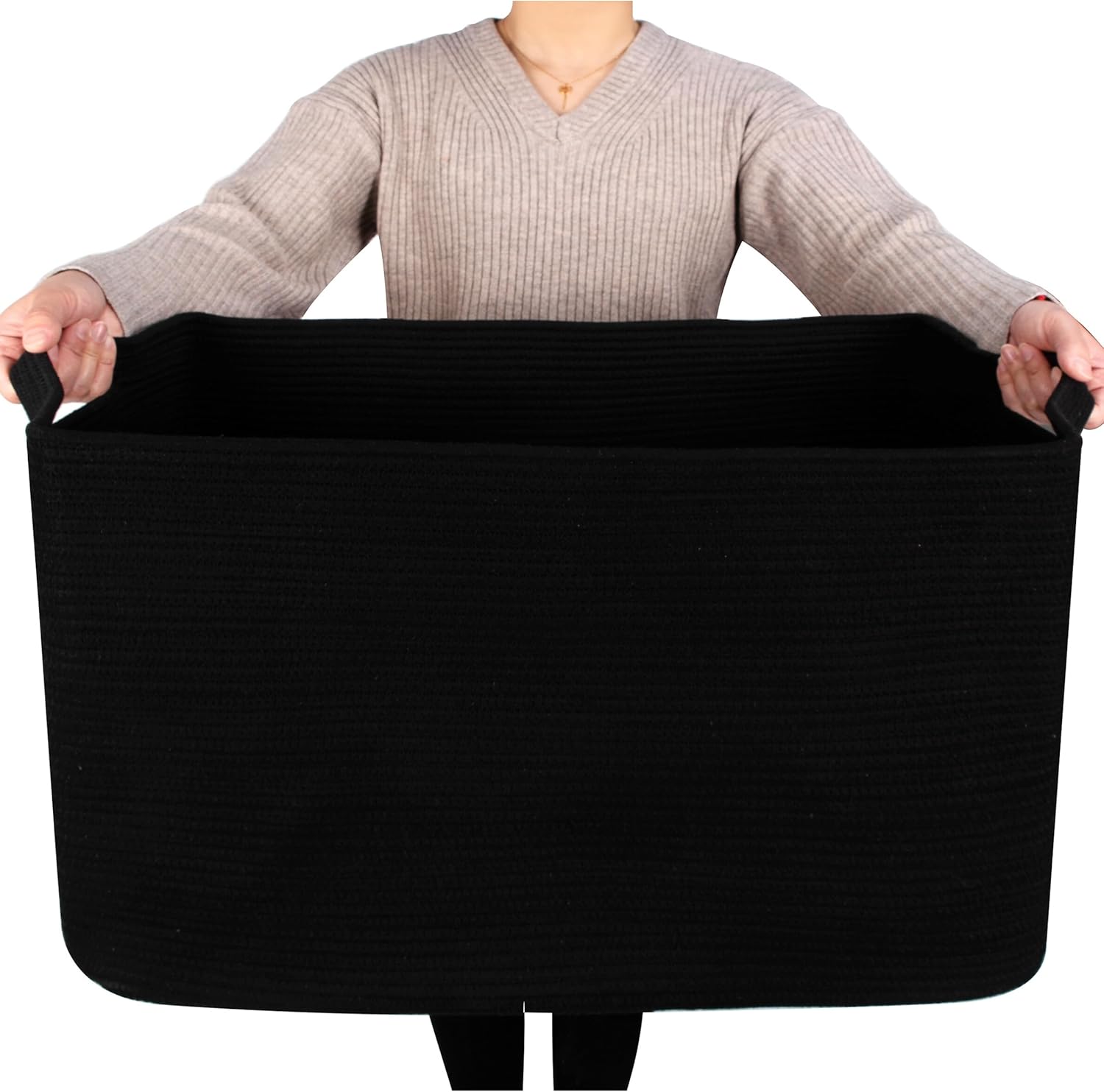 MINTWOOD Design 22in Extra Large Blanket Basket Holder Living Room, Rectangle Rope Woven Storage Basket with Handles for Laundry, Pool Towels, and Shoes, Dog Toy Organizer Bin Box, Full Black