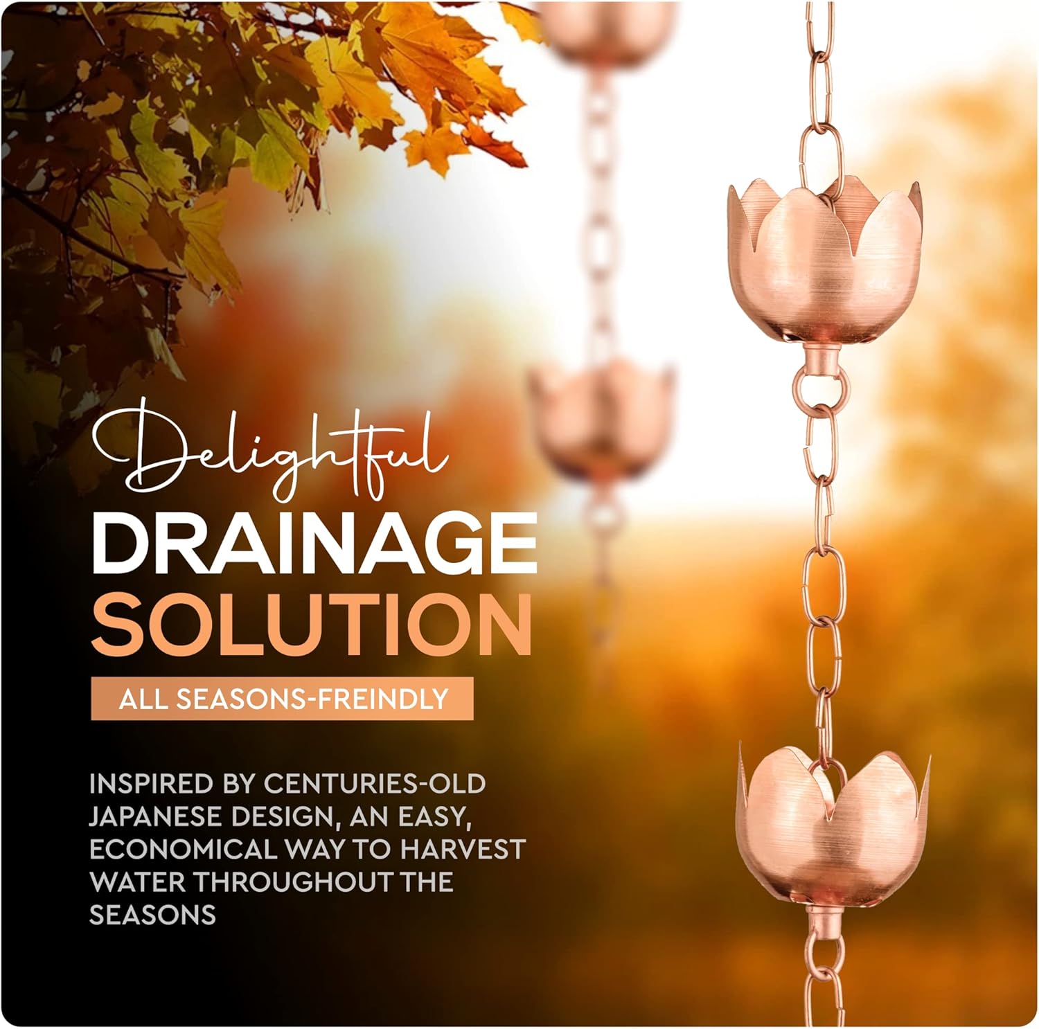 Copper Rain Chain – Decorative Chimes & Cups Replace Gutter Downspout & Divert Water Away from Home for Stunning Fountain Display – 8.5’ Long for Universal Fit – Flower Style
