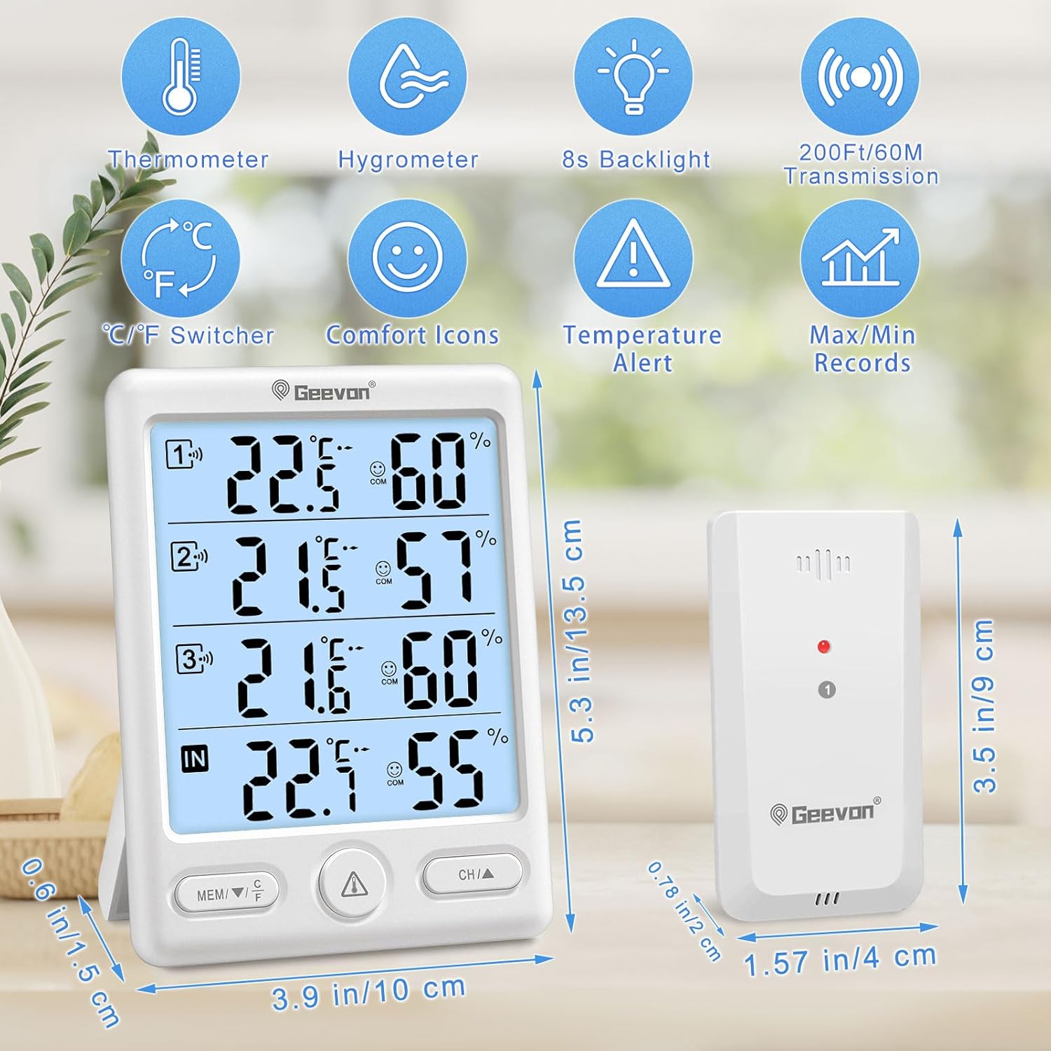 Geevon Indoor Outdoor Thermometer Wireless, 5-Inch Display Digital Hygrometer Thermometer Temperature Humidity Monitor with 3 Remote Sensors and Backlight, Battery-Powered(White)