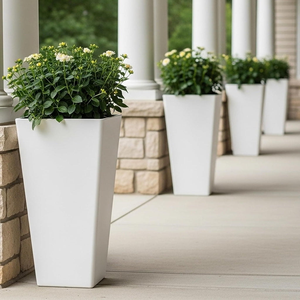 WORTH Garden Large 28 in.Tall Planters Set of 2 for Indoor and Outdoor, Heavy Duty Plastic White Modern Taper Flower Plant Pots with Drainage Hole and Dual-Purpose Tray for Front Porch, Patio