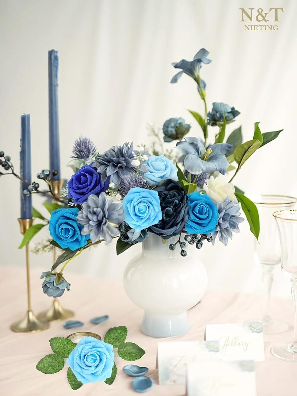 N&T NIETING Blue Roses Artificial Flowers, 50pcs Fake Flowers Rose Perfect for DIY Wedding Bridesmaid Bridal Bouquets Centerpieces Home Flower Arrangement Decoration, Series Blue