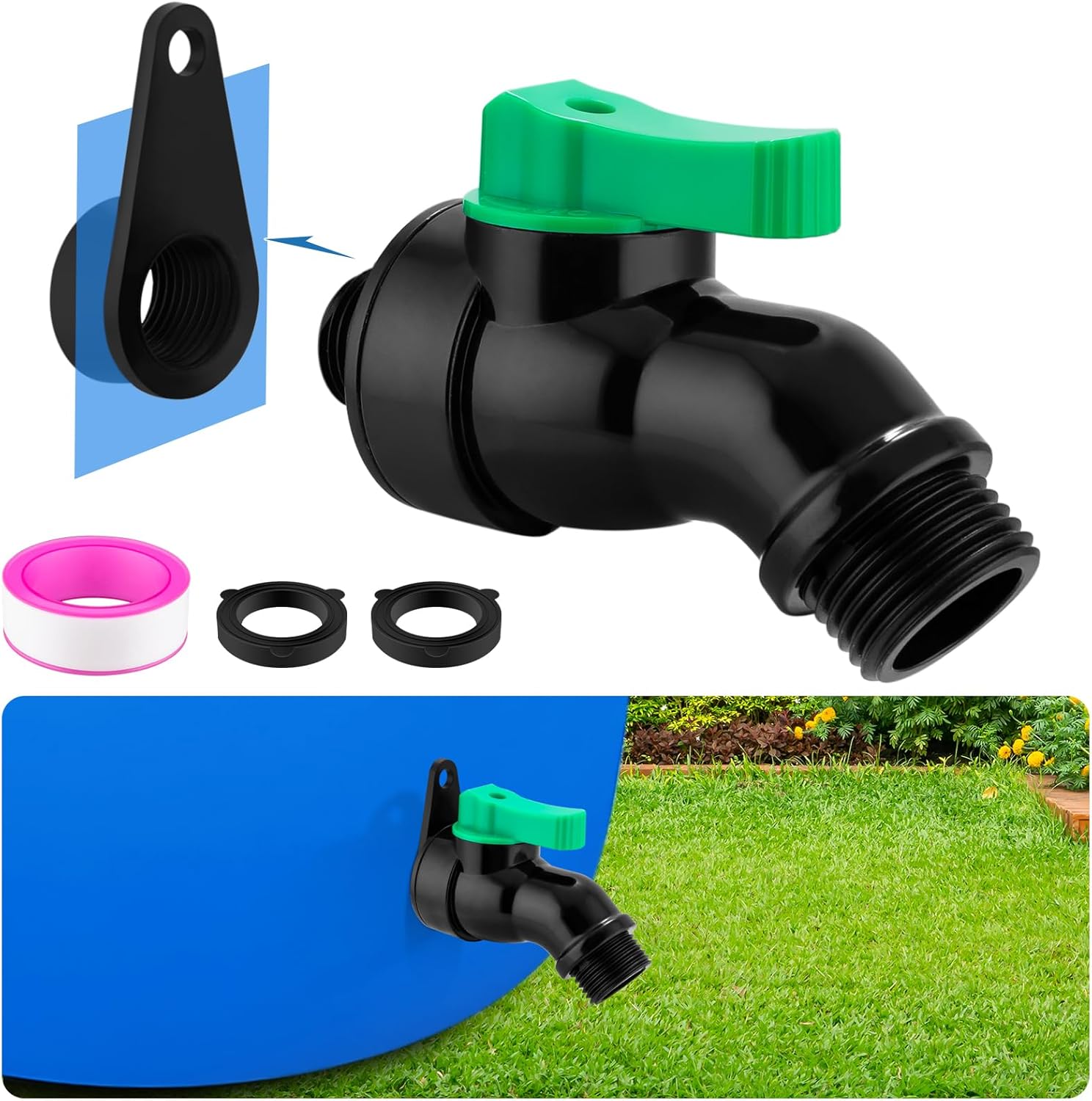 Rain Barrel Spigot Kit with High Flow Valve No Inside Access Needed,External Installation 1/2" NPT to 3/4" GHT Faucet for Plastic WaterTanks,Buckets,Rainwater Drums & Downspout Collectors