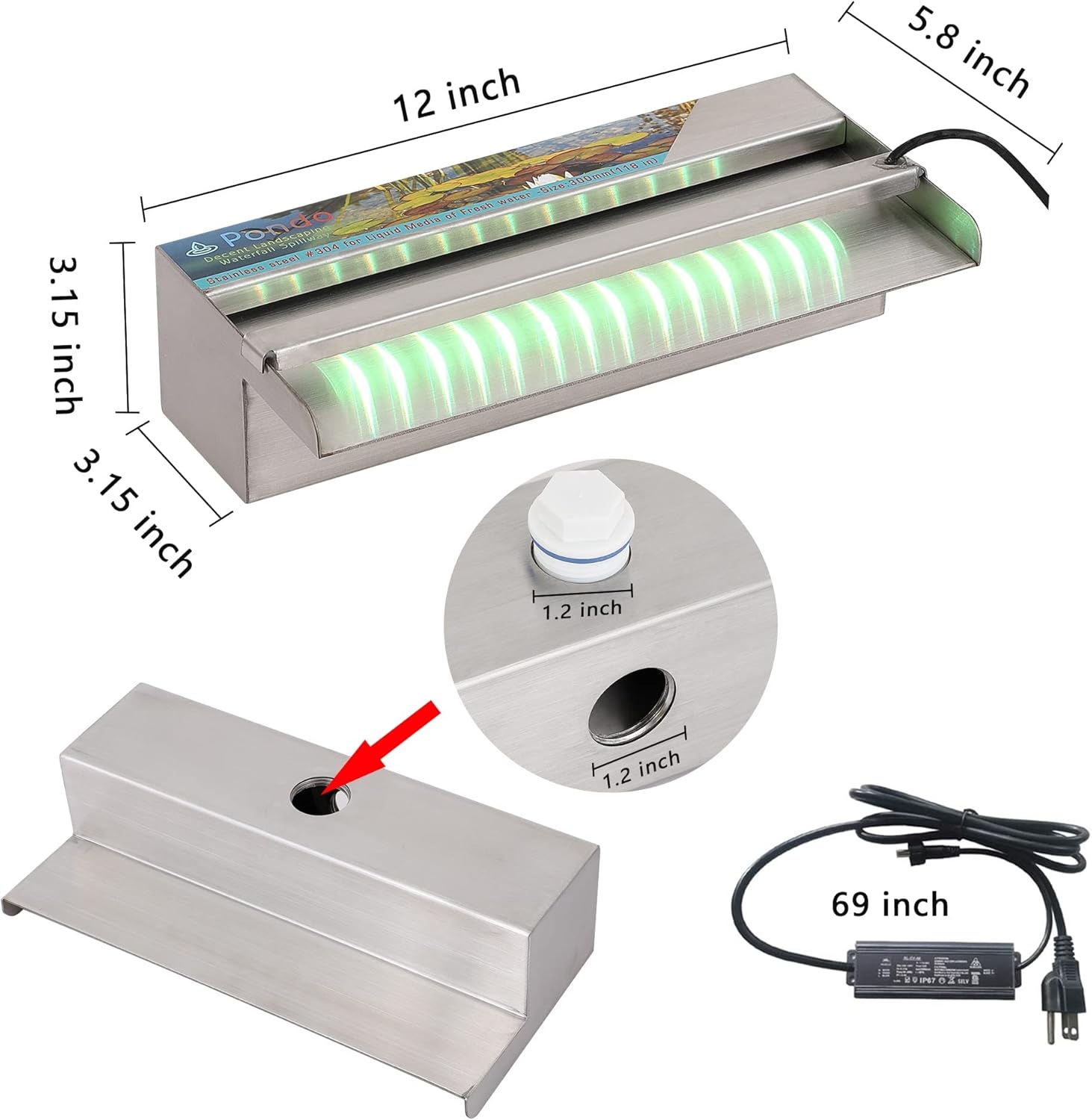 PONDO Pool Fountain, Stainless Steel Waterfall Spillway with Wider Water Flow Platform, Multi-Color LED Light & Spillway Cleaning Kit for Garden Outdoor Decoration (12 inch)