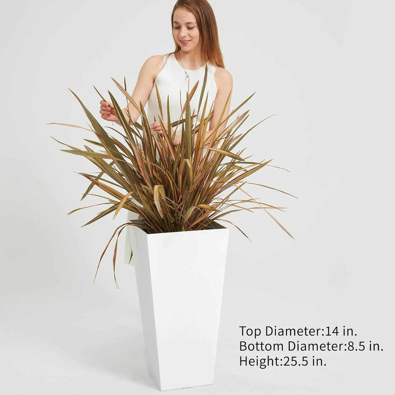 Worth Garden 2-Pack White Matte Texture Square Tapered Planter - 25.5" H. Tall Plastic Plant Pots with Drain Hole for Indoor Outdoor - Modern Decorative Flower Pots for Front Porch, Patio, Deck