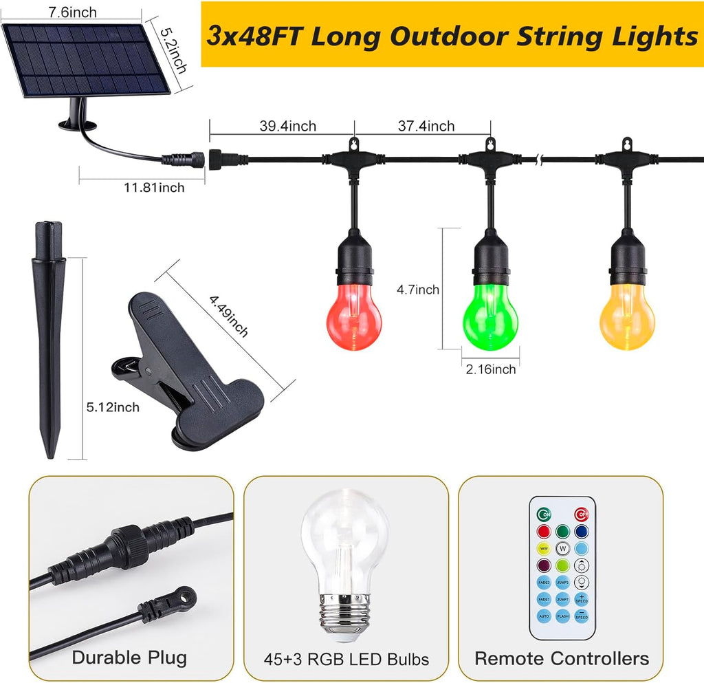 Auroraworld RGB Solar String Lights, 144FT Patio Lights， Commercial String Lights for Garden