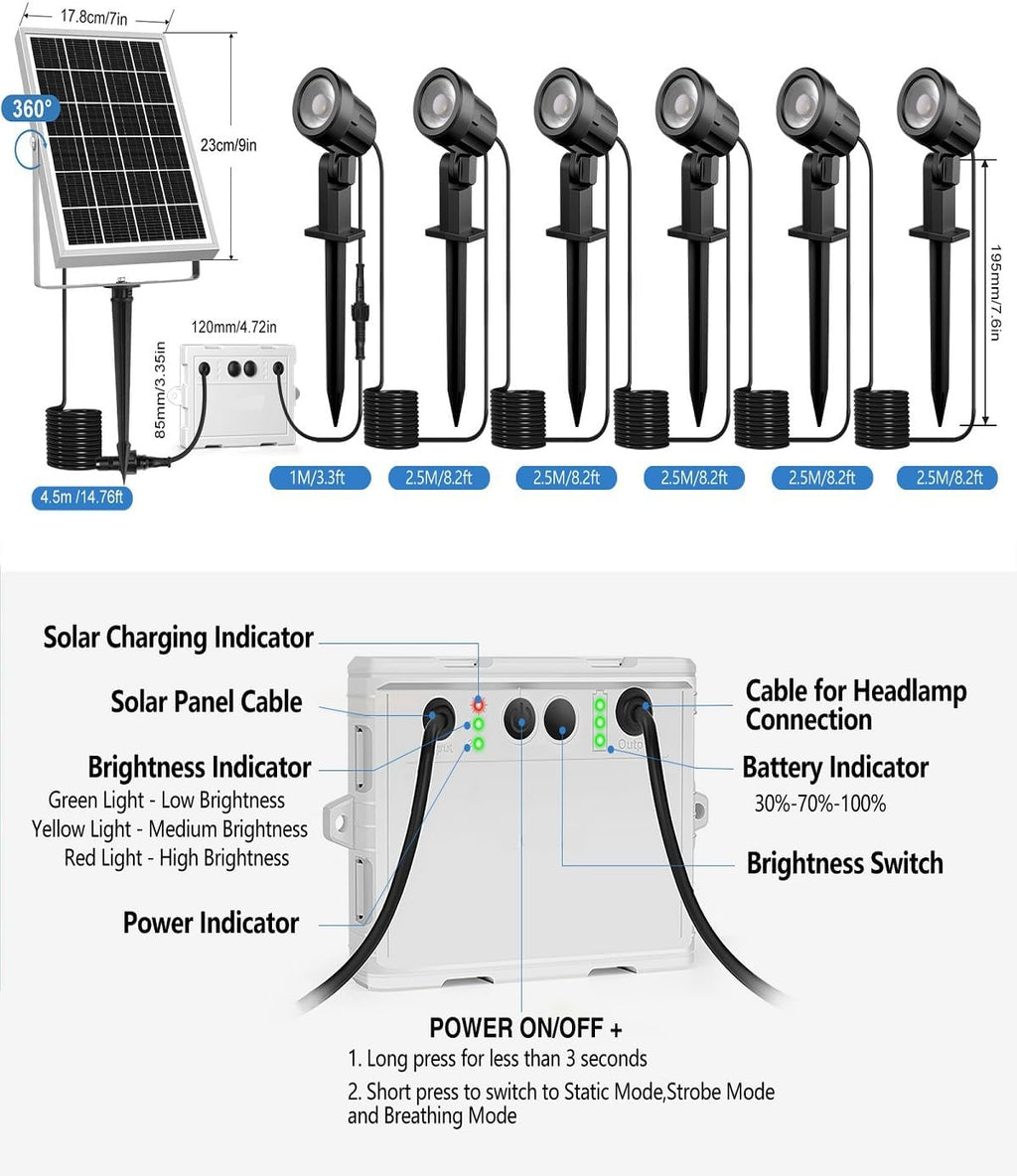 CLY 6 in 1 Solar Spot Lights Outdoor, 2700K Warm White Solar Spotlights Landscape Lights, IP66 Waterproof 59.06ft Cable Auto On/Off Garden Floodlight for Yard Lawn Tree Statue Pathway Decoration