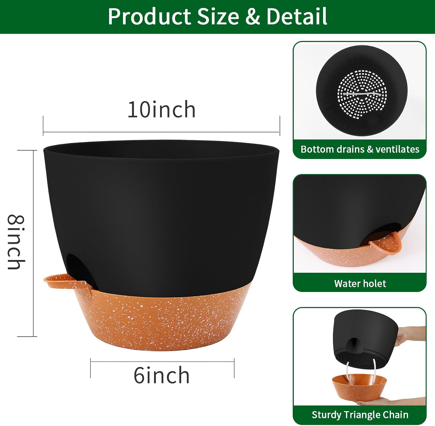 GARDIFE 10 inch Plant Pots,Self Watering Pots, 2 Pack Flower pots, Large Plastic Planters with Deep Reservior and High Drainage Holes for Indoor Outdoor Plants and Flowers, Black