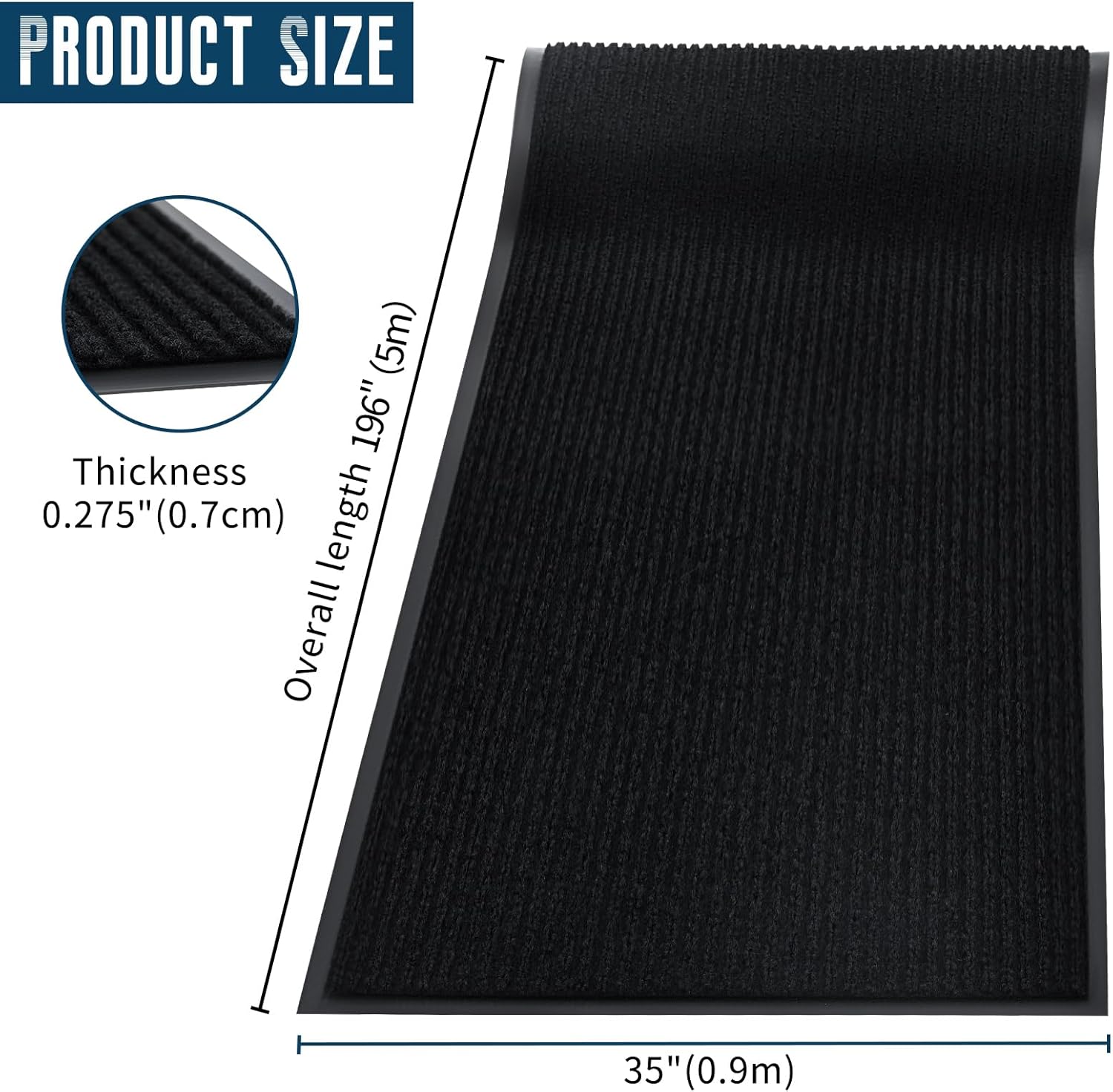 Rubber Door Mat About W3' ×L16' Heavy Duty Large Outdoor Indoor Mat Durable Entrance Doormat Waterproof Rubber Back Rugs for Home Entryway Patio Porch Office Business Areas (Jet Black)