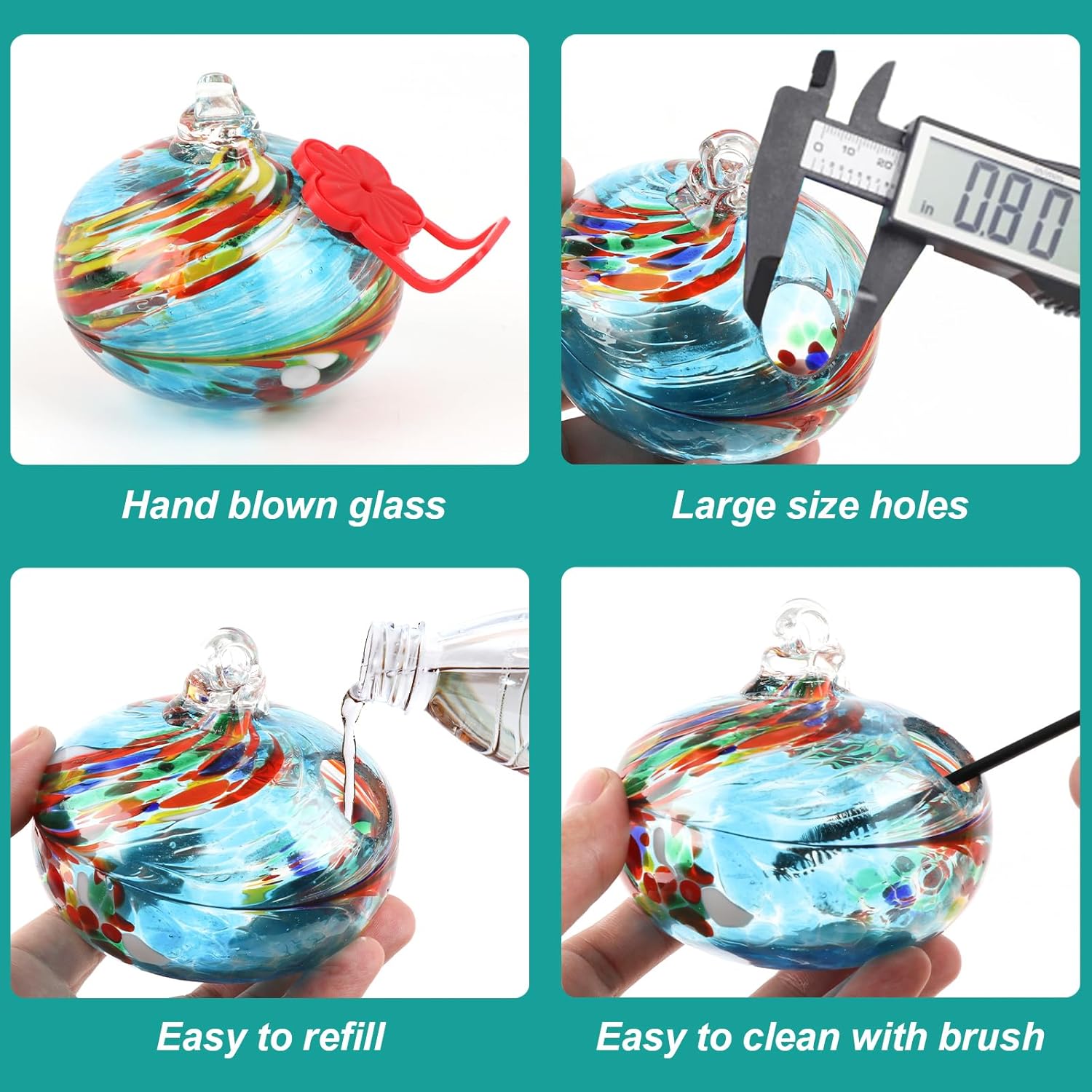 6 Pcs Heart-Shaped Hummingbird Feeder for Outdoors Hanging, Flexible Stackable Hand Blown Glass Humming Bird Feeders with 6 Adjustable Perch for Garden Tree Yard Patio Outdoors (Heart Shaped, Blue)