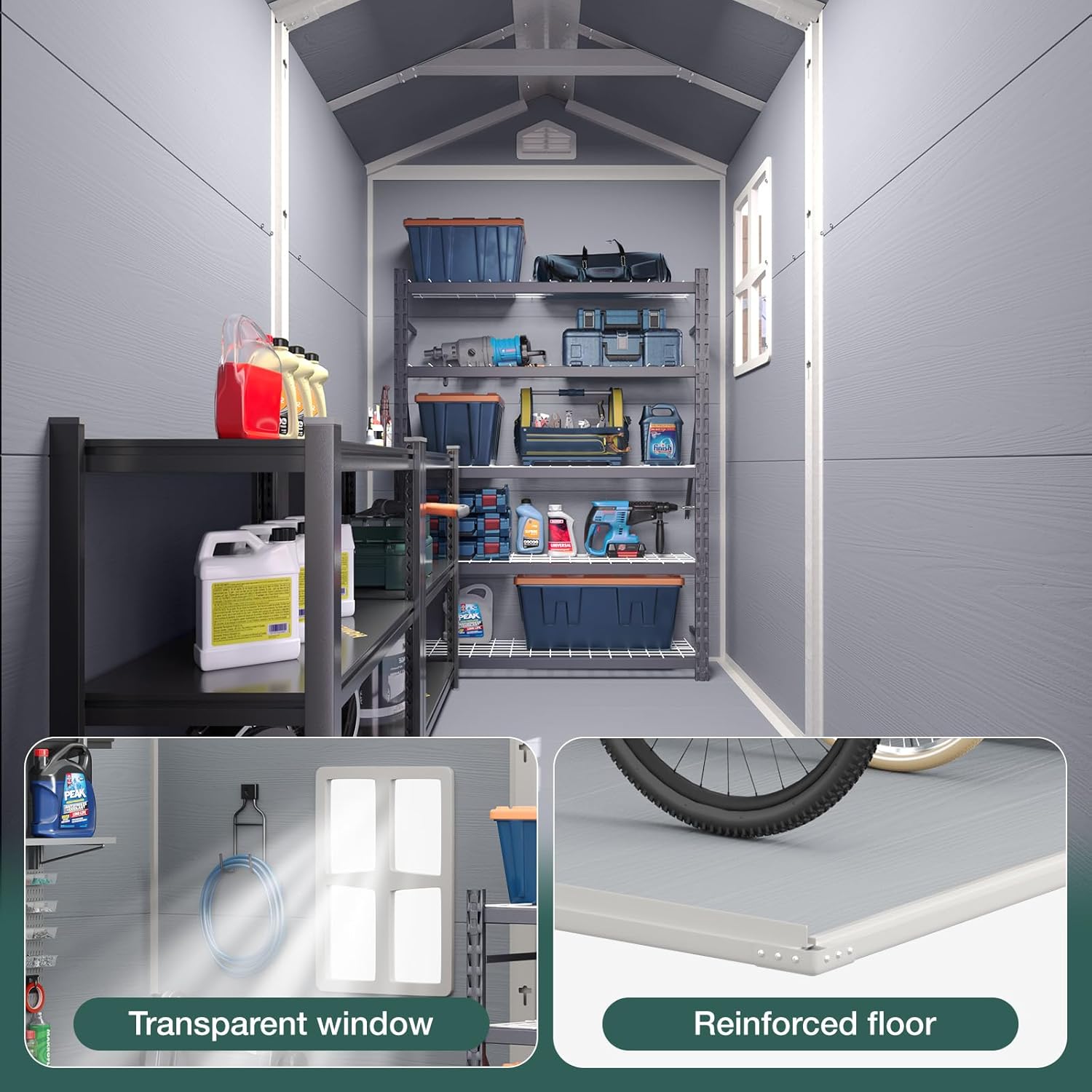 Storage Shed Plastic Outdoor Storage Shed Waterproof Container House with Lockable Door and Transparent Window for Garden, Lawn, Backyard, Patio (6x4FT)