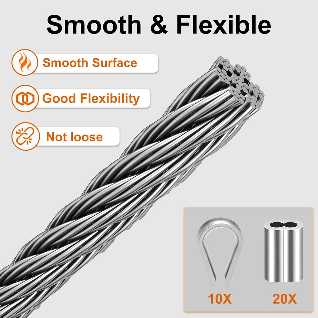 1/8" wire cable, 100ft Wire Rope Metal Cable With Loop Sleeve And Steel Thimble, 7x7 marine stainless steel Strand Core Perfect For Deck Railing System, Outdoor hanging kit, garden fence (SR03)