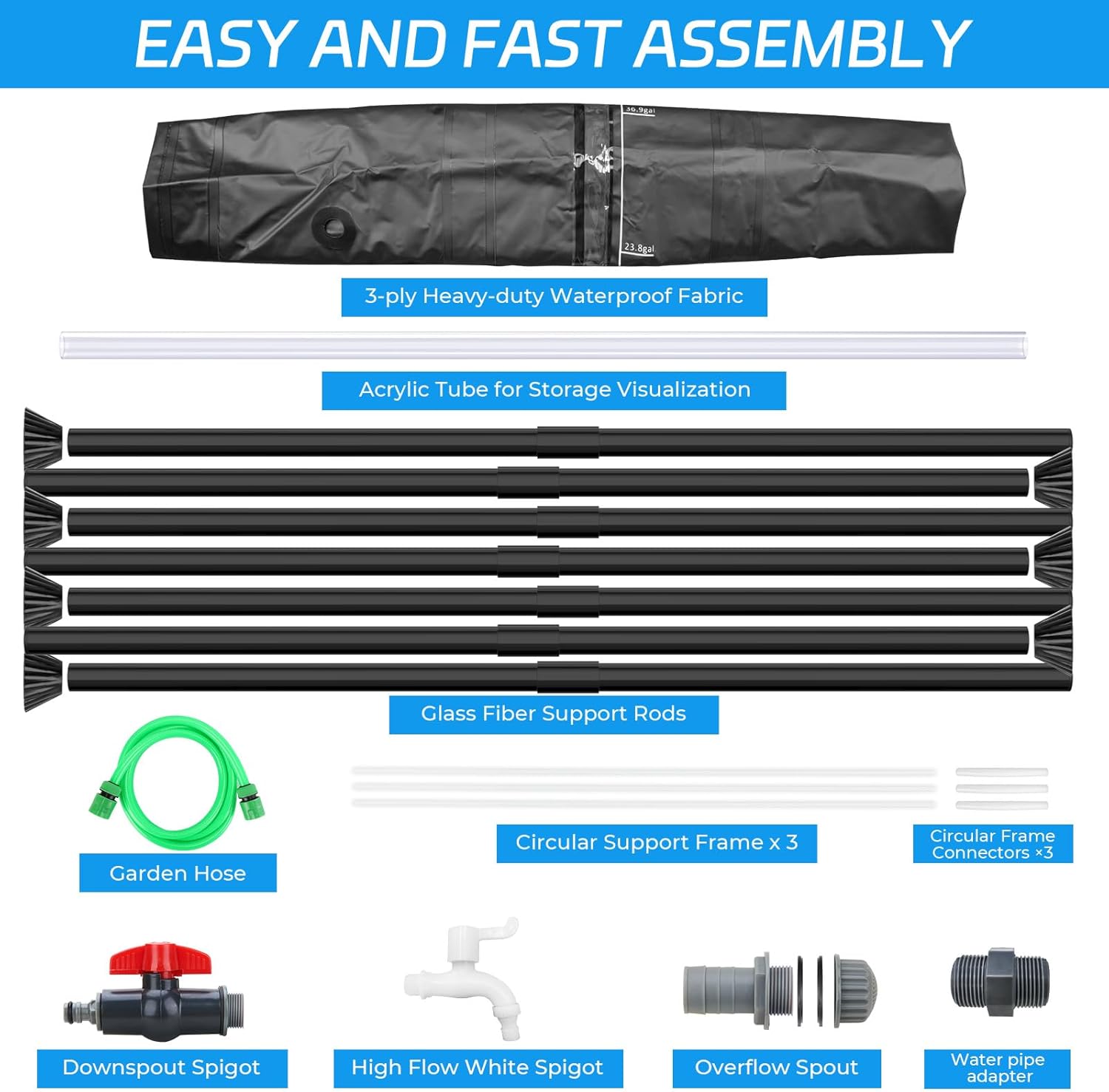 Rain Barrels to Collect Rainwater from Gutter - Rain Collection Barrel Water Barrel Rainwater Collection System Collapsible Rain Barrel Include Filter Two Spigots and Overflow Kit (100 Gallon, Black)