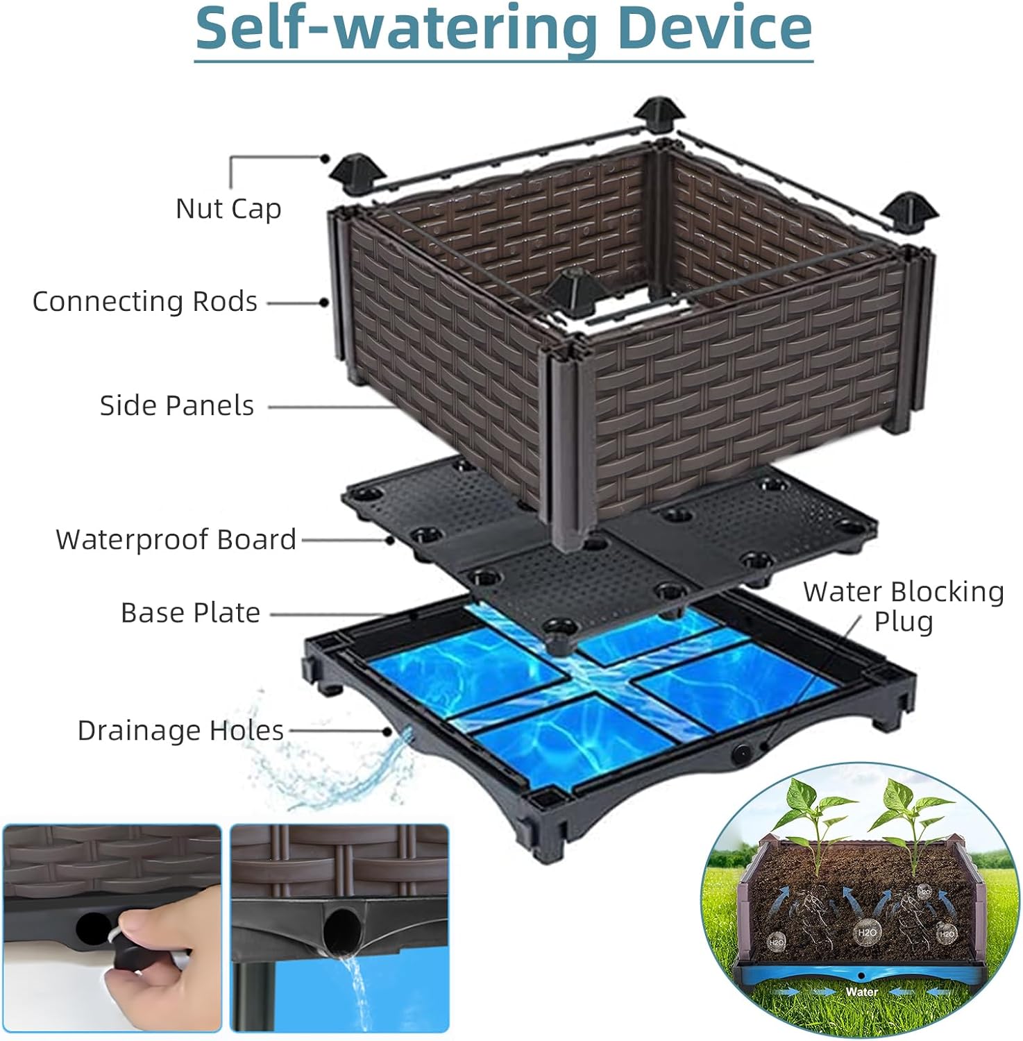 Large Raised Planter Box Outdoor Self Watering 62.9"x15.7"x19.7" , Deep Raised Garden Bed - Elevated Garden Box with Drainage Plug, Rectangular Garden Planter Perfect for Patio Balcony Deck