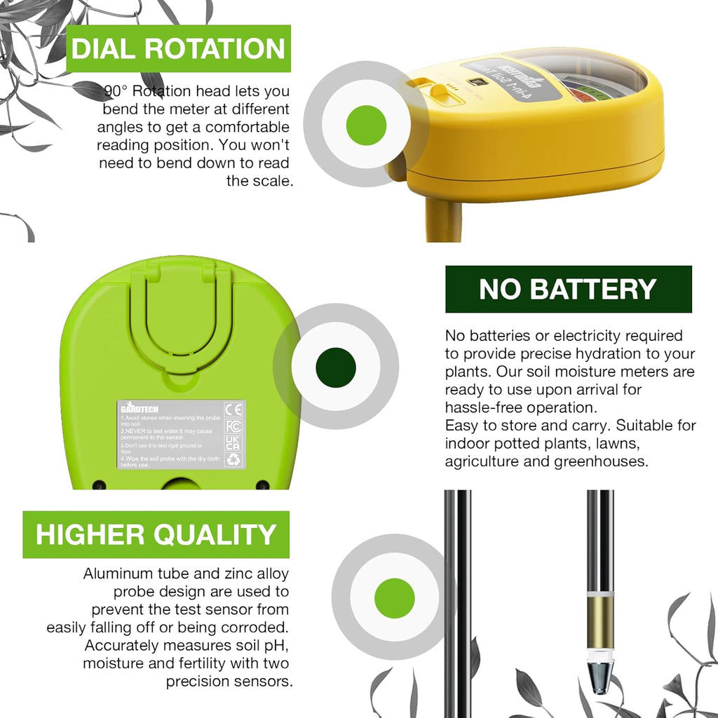 Gardtech Soil Moisture Meter - 4-in-1 Soil Test Kit Without Battery, Soil Moisture/Light/Nutrients/pH Meter for Plant, Garden, Lawn, Indoor & Outdoor (Yellow)