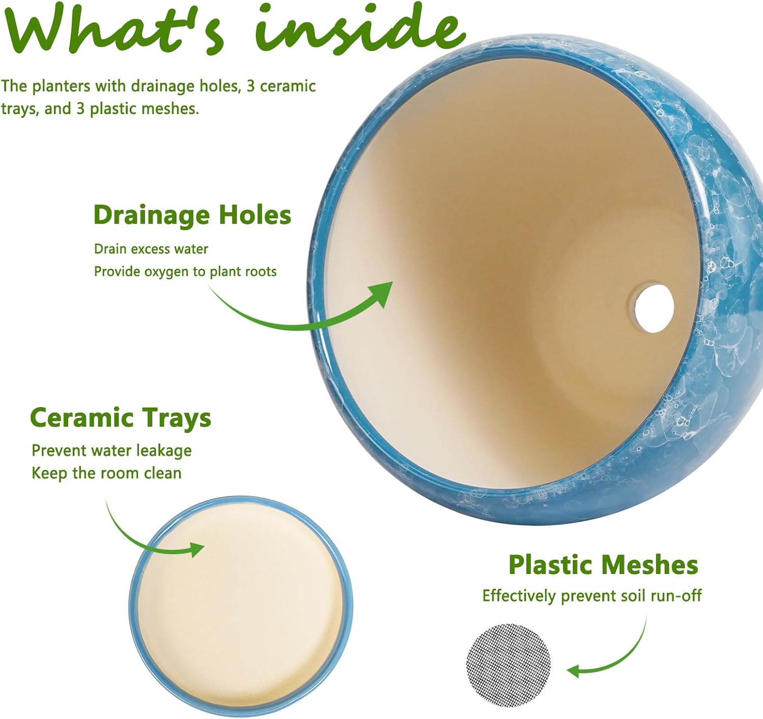 Ceramic Plant Pots - 10+8+6 Inch Modern Round Planters for Indoor Outdoor with Drainage Holes and Plant Saucers, Room Patio House Office Decor, Gardening Gifts for Women Men, Set of 3, Blue