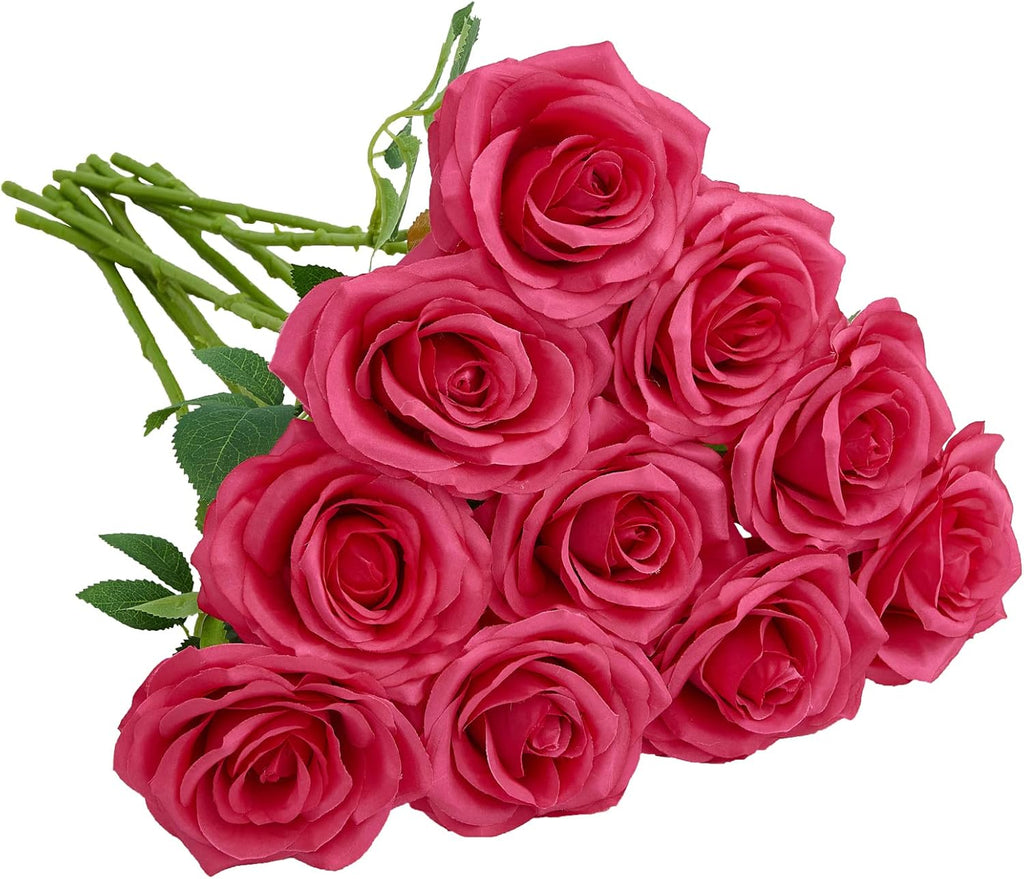 Artificial Rose 10pcs Open Flower Bouquet Faux Rose Stems for Wedding Arrangement, Bridal Bouquet, Centerpiece, Fake Faux Silk Flowers (Hot Pink)