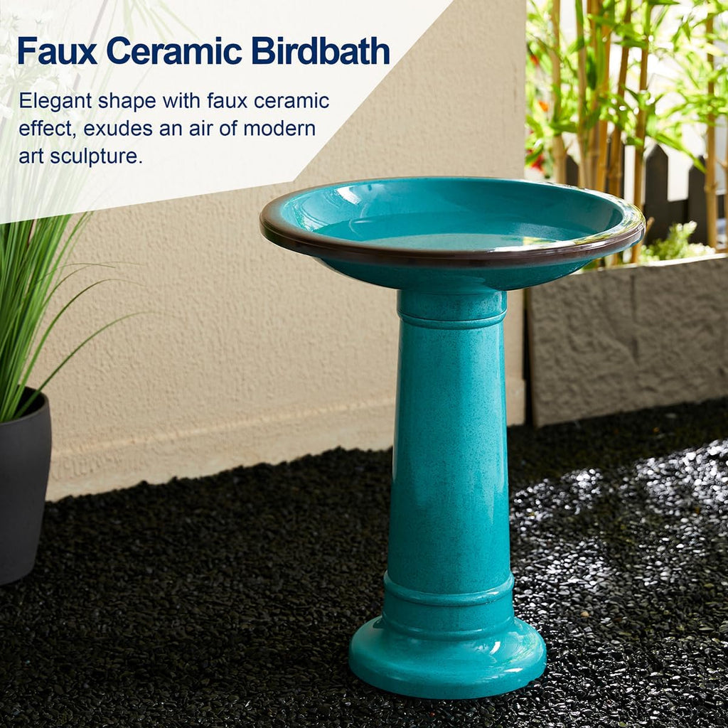 Glitzhome 21.5" H Plastic Turquoise Faux Ceramic Bird Bath for Outside, Hand-Painted Tall Pedestal Birdbath in Weather Resistant for Outdoor Patio Garden Backyard Decking