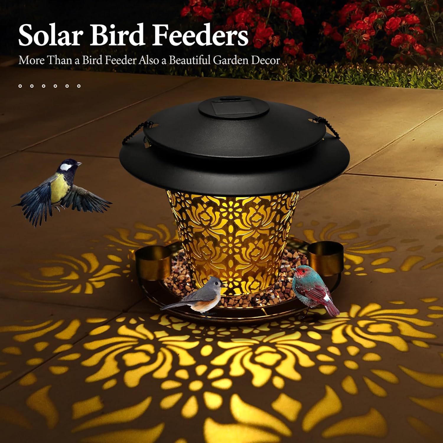 Solar Bird Feeders for Outside Hanging Metal Wild Bird Feeder Solar Lanterns Outdoor Waterproof Garden Decor for Yard Brown