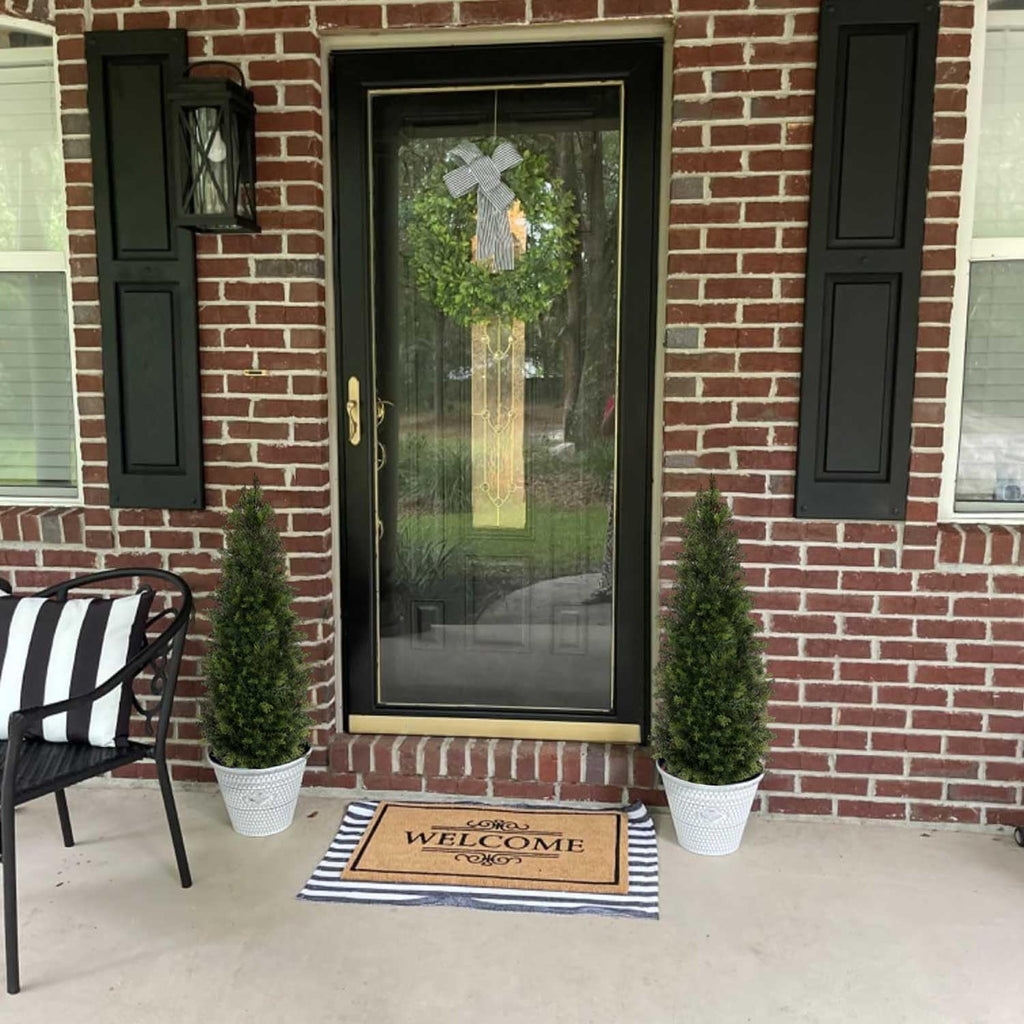 Aveyas 4ft Artificial Cedar Topiary Trees for Outdoor Front Porch Door, 4 Feet Faux Potted Plants Evergreen Fake Pine Cypress Tree for Outside Home Decor (4 ft Tall) - Set of 2 Pack