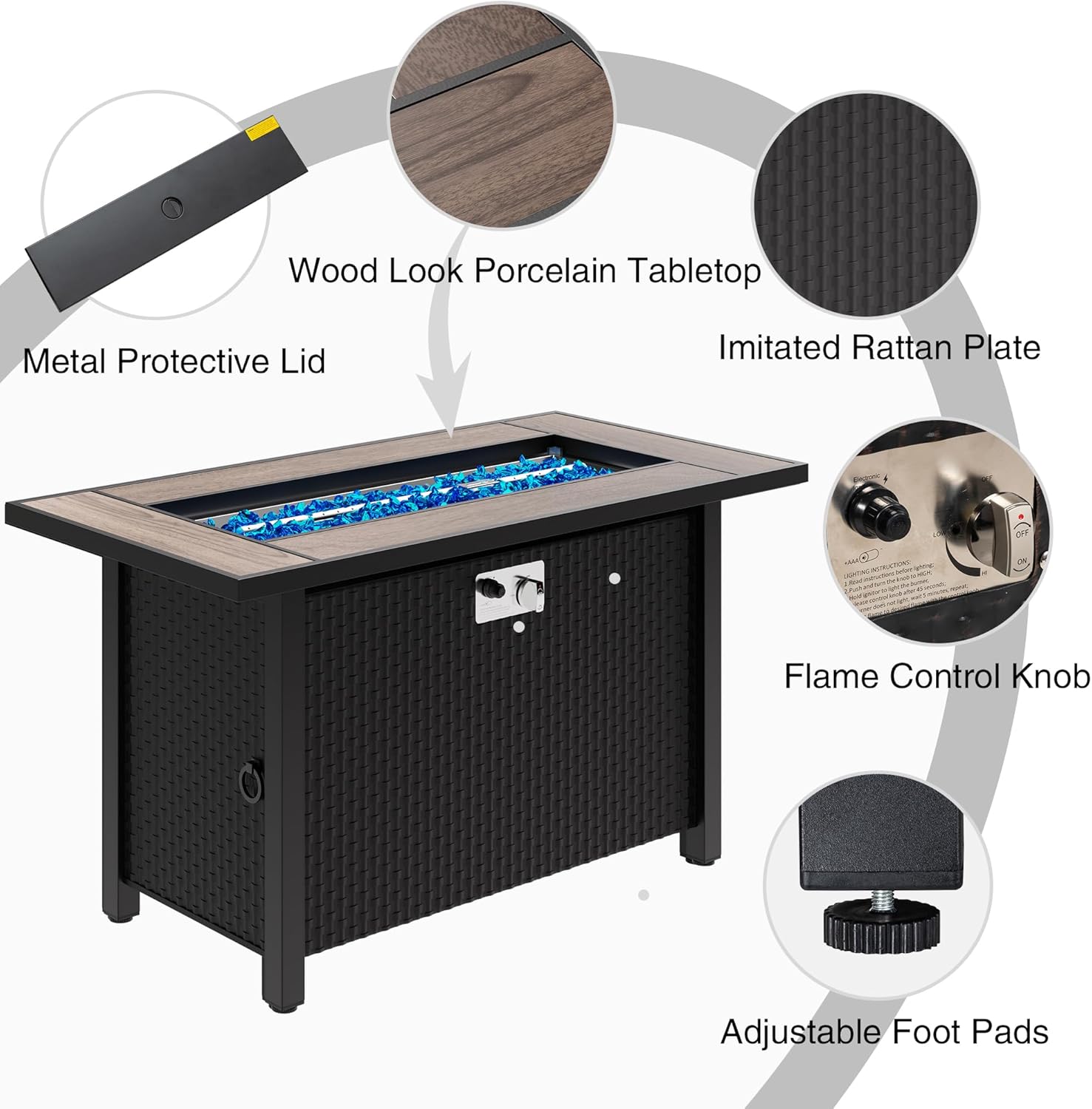 Meilocar 45in Fire Table, Propane Fire Pit with Glass Wind Guard and Rain Cover, Outdoor Firepit Table 50000 BTU 3-in-1 Fire Table for Patio/Yard/Balcony, Walnut Tabletop