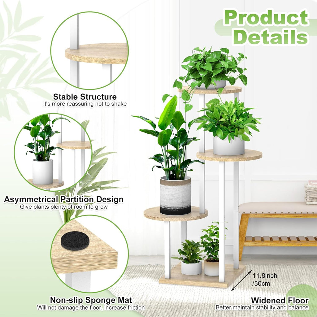 4 Tier Wood Tall Plant Stand Metal Rack Indoor, Multiple Flower Pot Holder Shelves Corner Rack, Round Planter Shelf Display Rack Storage Organizer for Patio Living Room Balcony(White Oak)