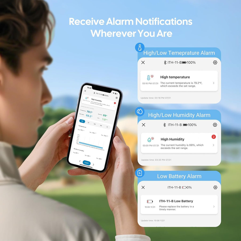 WiFi Hygrometer Thermometer with Swiss Sensor 3 Pack, Bluetooth 5.0 Dual Mode, 300-Day Data Storage, 9-Month Battery, IP65 Waterproof for Home, Greenhouse, Reptile Tank