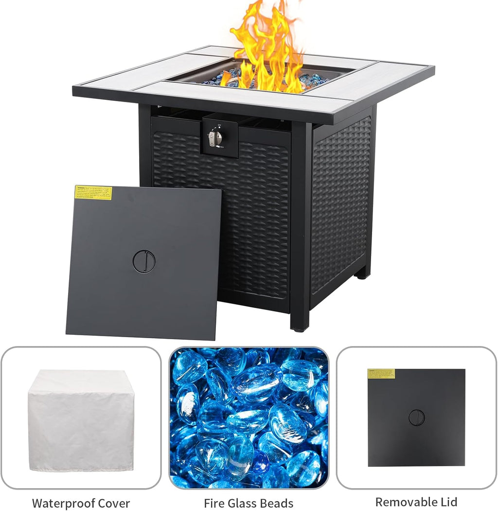 30 Inch Fire Tables 50000 BTU Outdoor Fire Pits for Outside Steel Gas Fire Table with Fire Pit Lid Wooden Marble Tabletop and Waterproof Cover