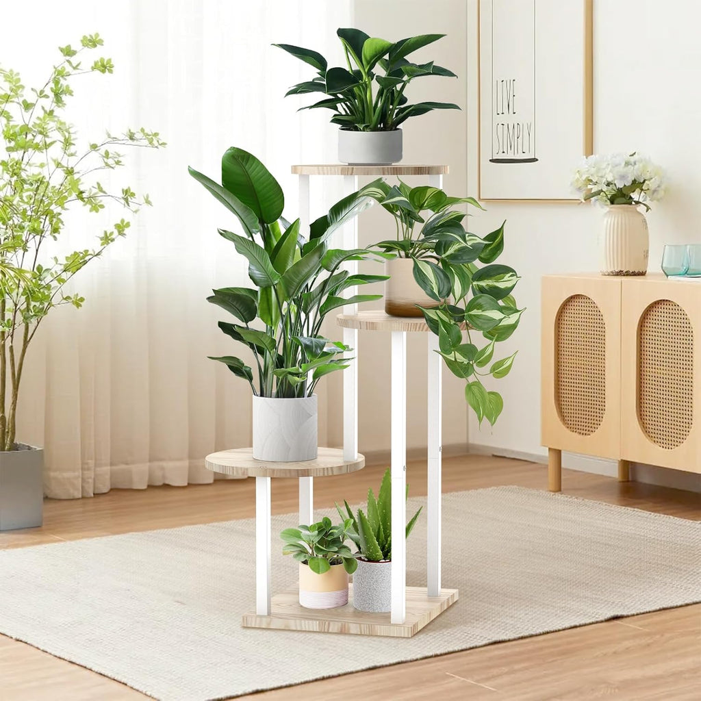4 Tier White Metal Wooden Tall Plant Stand Indoor Shelf Flower Pot Holder for Multiple Plants, Corner Display Rack for Living Room Balcony Patio Garden