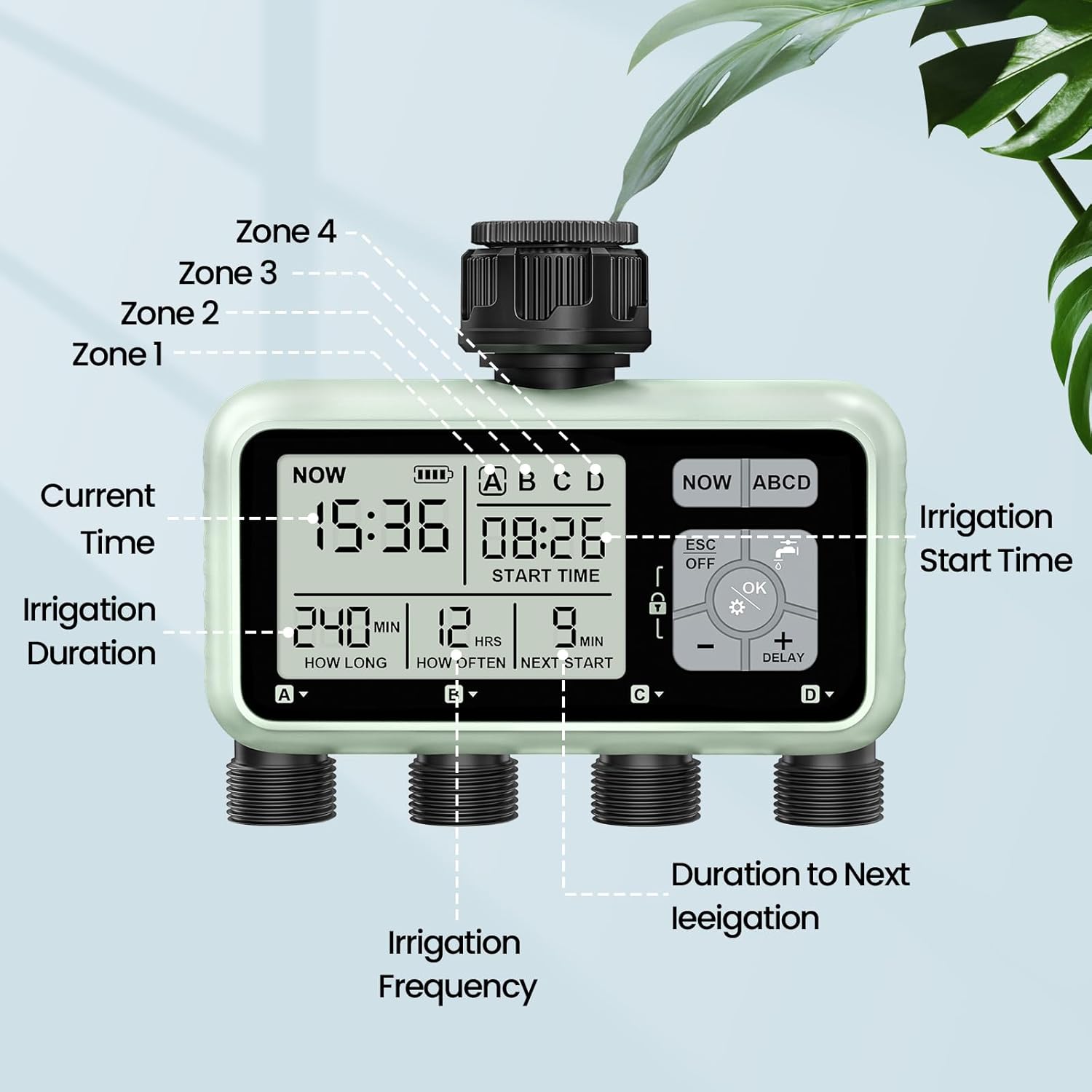 Watering Timer 4 Zone, Sprinkler Timer,Programmable Garden Outdoor Hose Faucet Timer with Rain Delay/Manual/Automatic Watering System,Water Hose Irrigation Timers 4 Outlet for Garden