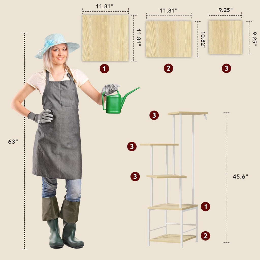 Plant Stand Indoor with Grow Light, 5-Tiered Tall Plant Stand Indoor, Metal Plant Shelf with Hanging Basket Hook and Adjustable Light, Ideal for Living Room, Garden, Patio (Maple)