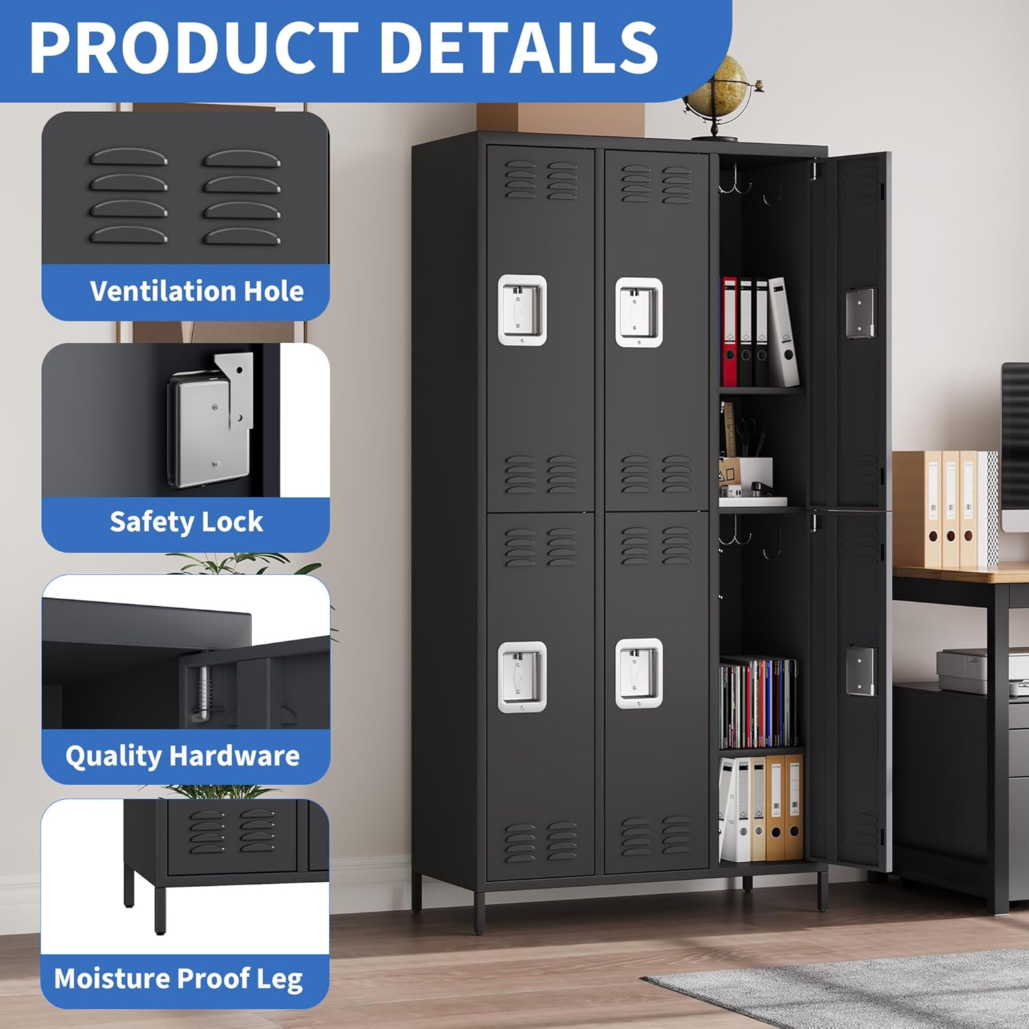 6 Doors Employee Lockers for Office, Metal Sorage Locker Combination, Lockable Employees Metal Locker With Door, Industrial Storage Lockers for Home, School, Gym