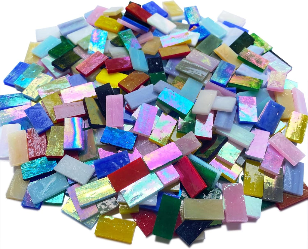 Rectangle Iridescent Glass Mosaic Tiles, 320 Pieces Colorful Stained Glass Supplies for Crafts, Rainbow Mosaic Glass Pieces for Adults