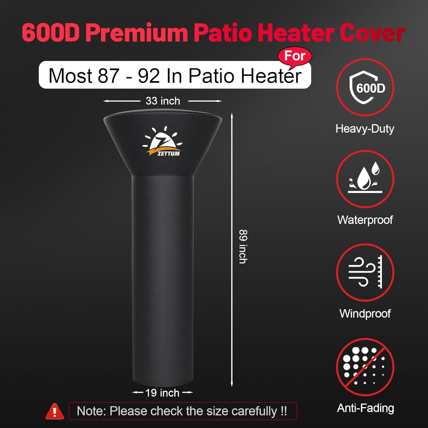 Patio Heater Covers - 600D Outdoor Heater Cover with Zipper Waterproof Heavy Duty, Propane Heat Cover for East Oak, Hampton Bay, Fire Sense and More (89" Height x 33" Dome x 19" Base)