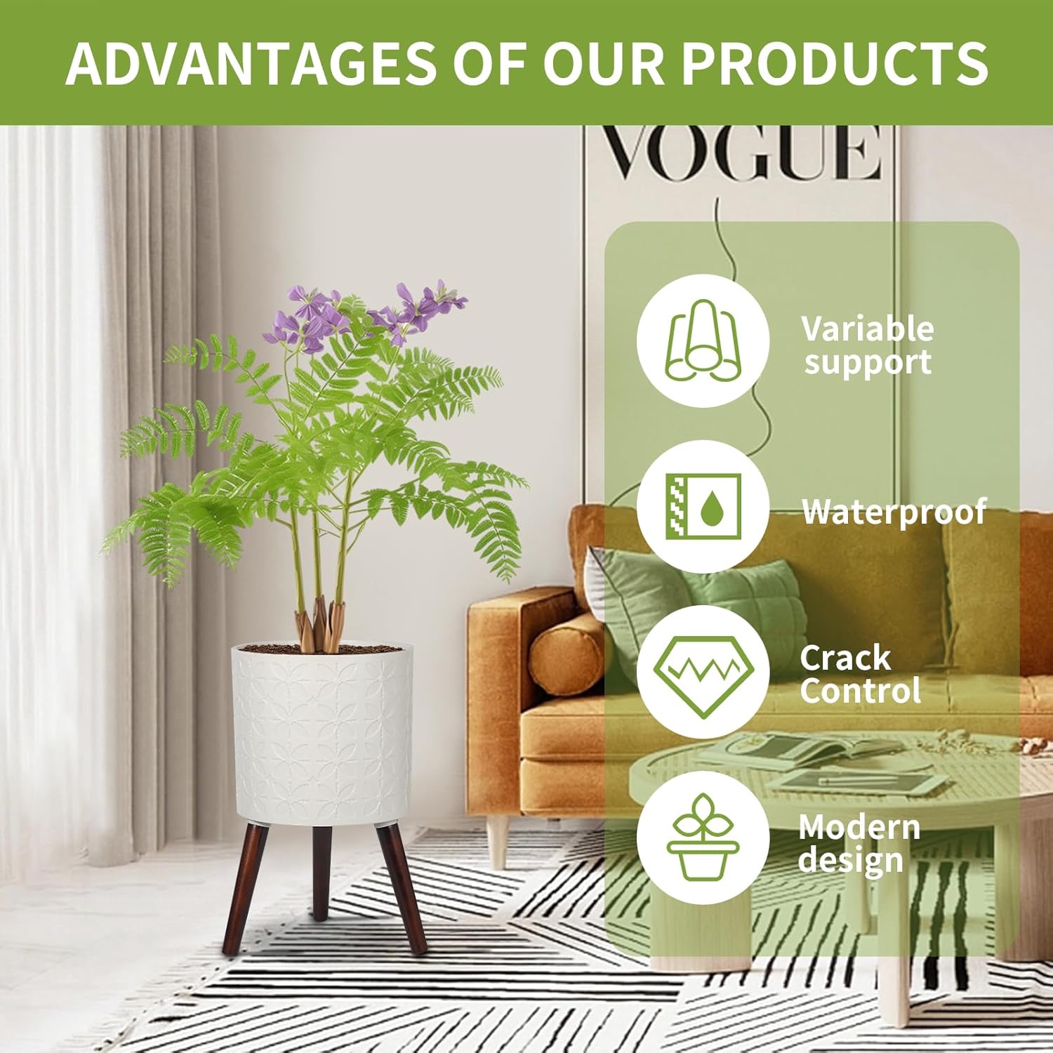 12 Inch Planter Pot with Stand, Planter for Indoor Plants, Modern Large Flower Planter Pot with Drainage Holes for Outdoor,Matte White