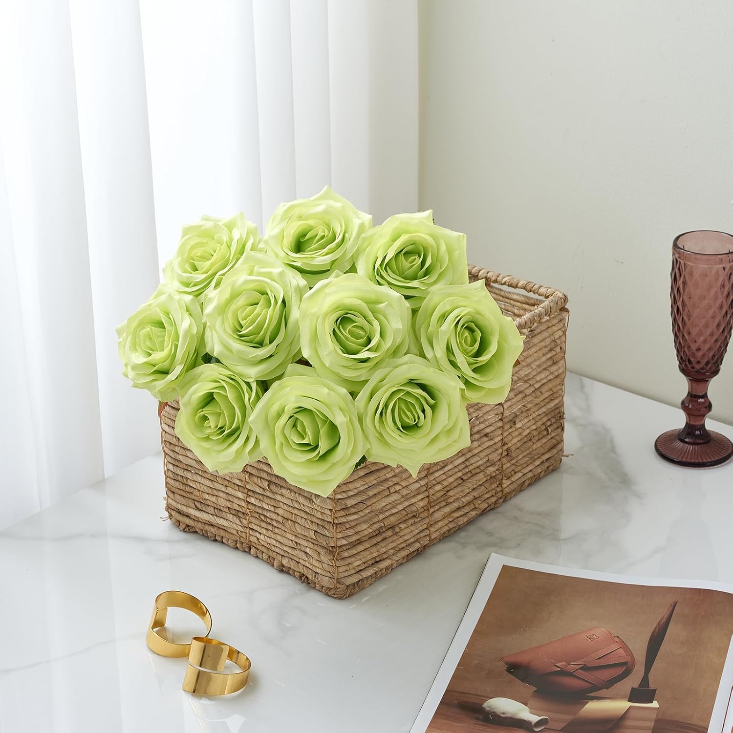 Artificial Rose 10pcs Open Flower Bouquet Faux Rose Stems for Wedding Arrangement, Bridal Bouquet, Centerpiece, Fake Faux Silk Flowers (Green)