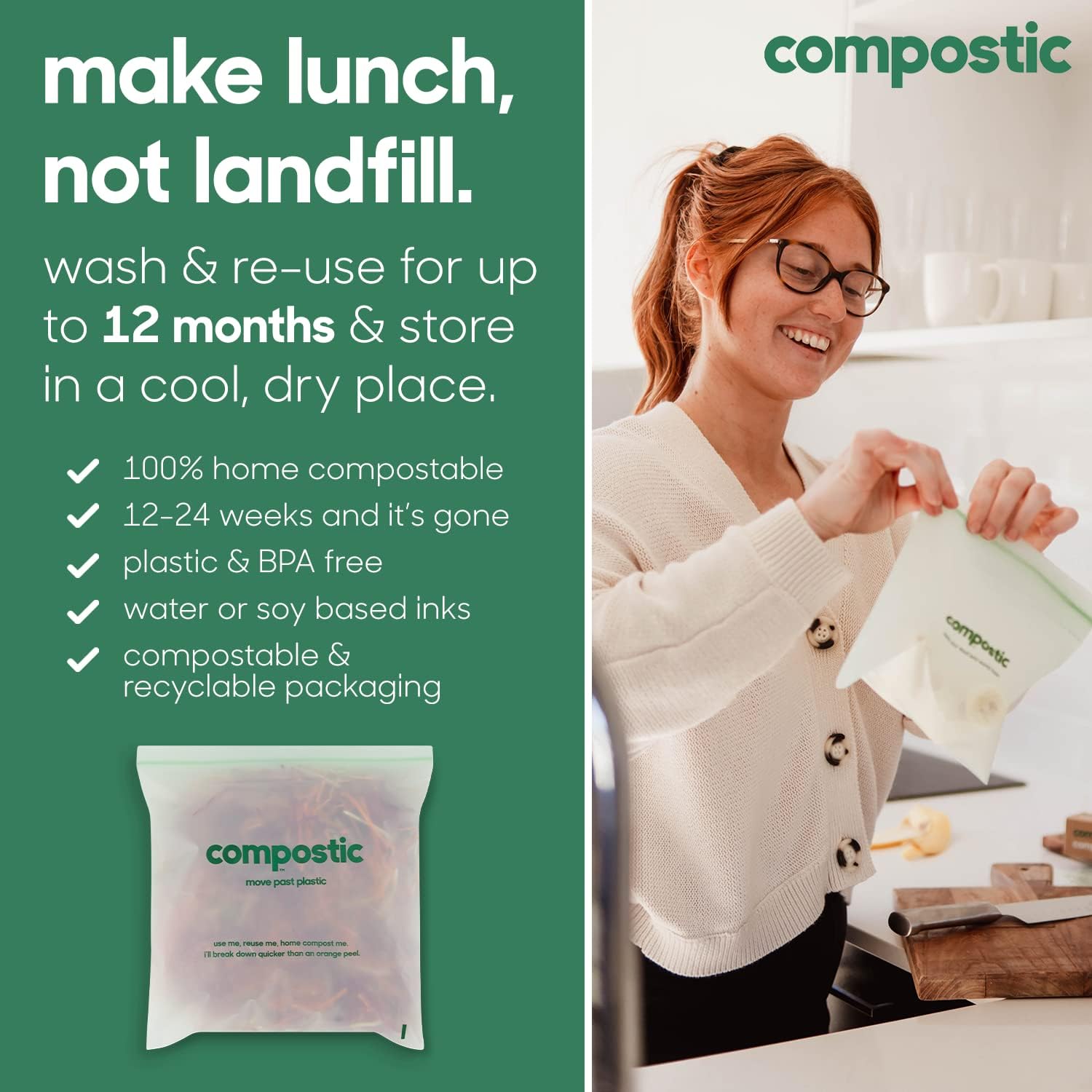 Home Compostable Resealable Gallon Bags (10.5"x10.5"), Microwave & Freezer Safe, Organic Food Storage Container, 30 Count (Pack of 2)
