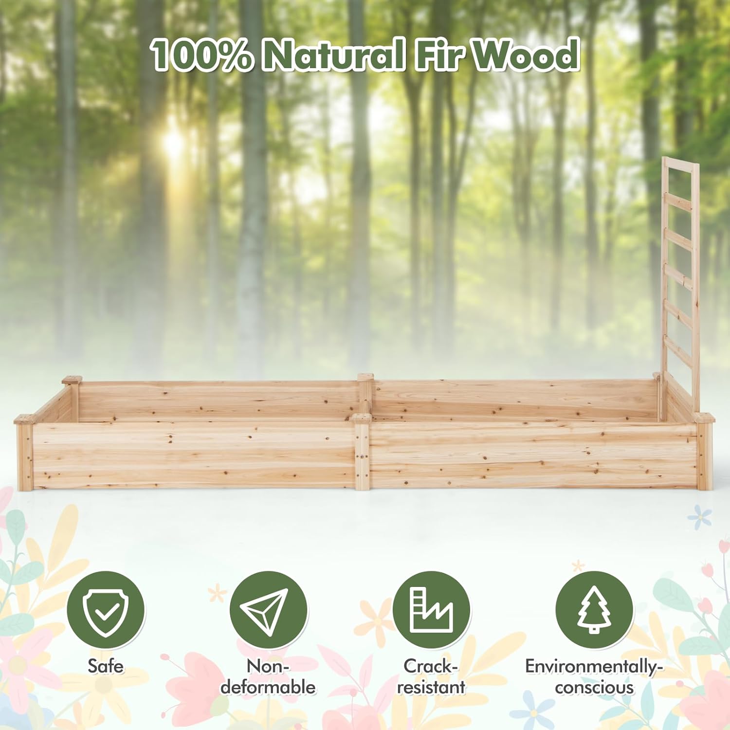 HAPPYGRILL Raised Garden Bed with Trellis, Wooden Garden Box with Divided Space for Vegetables, Flowers, Fruits, Climbing Plants, Outdoor Elevated Planter Box for Yard Patio, 93”L x 25”W x 40”H