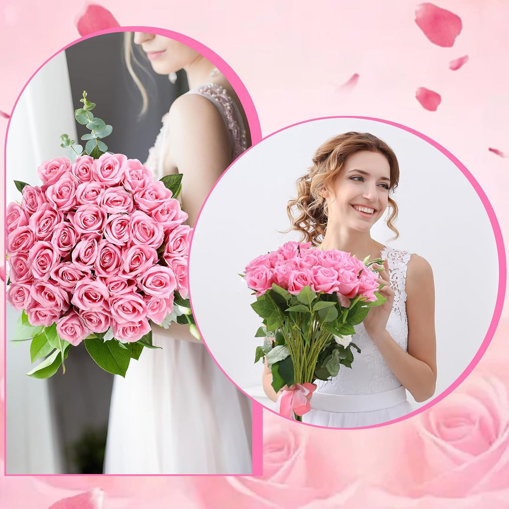 36 Pcs Silk Pink Roses Bouquet Bridal Artificial Flowers Mothers Day,Fake Rose Long Stem Realistic Artificial Flowers Bulk for Wedding Bouquet Ball Arrangement Centerpiece Party Decor