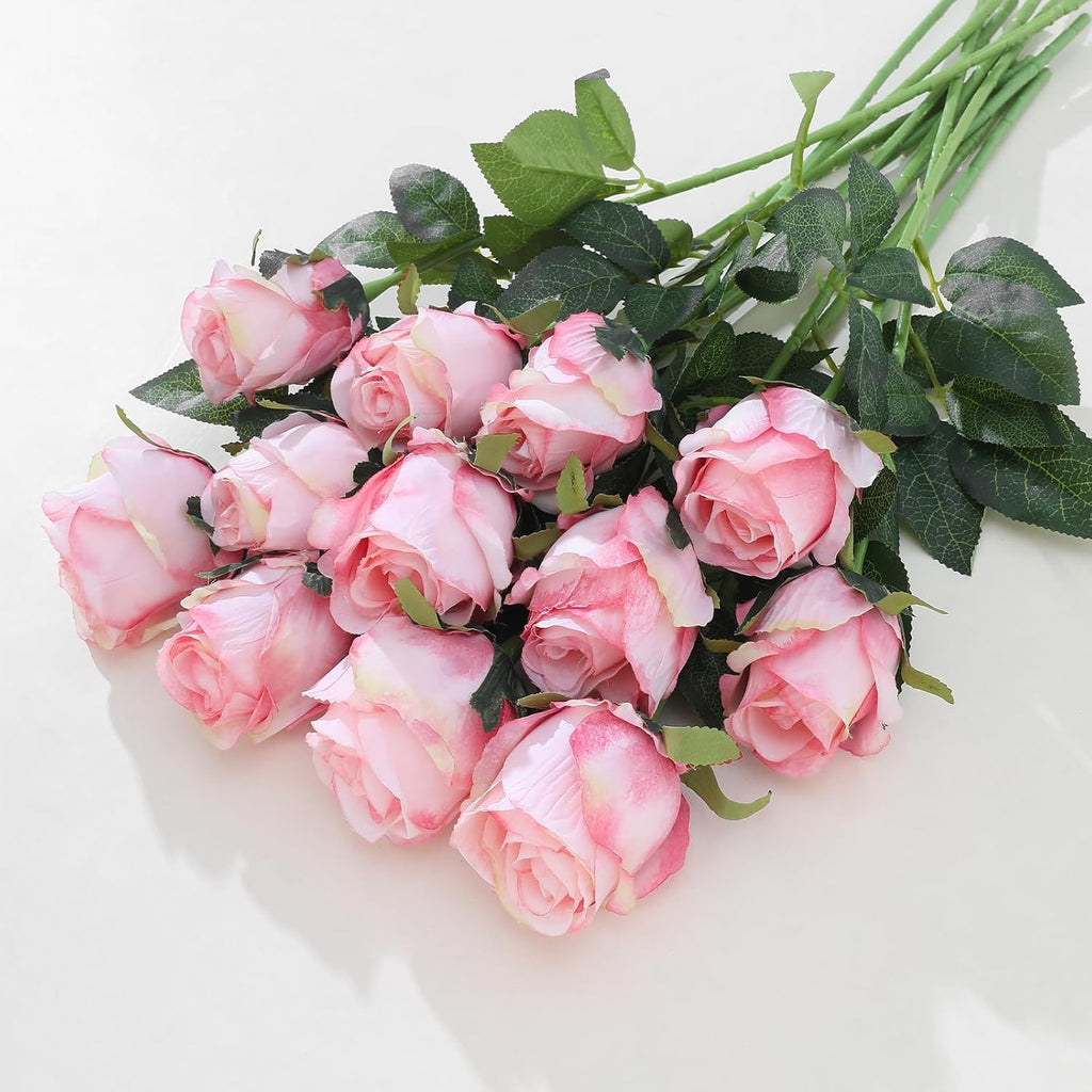 12Pcs Realistic Fake Light Pink Roses Faux Flowers with Long Stems, Artificial Silk Rose Flowers for Valentines Day Home Wedding Decor Bridal Bouquet