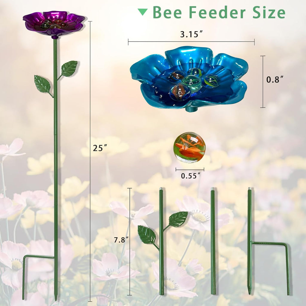 4 Packs Metal Bee Watering Station,Bee Water Feeder for Garden with 20 Marbles for Outdoor Decor,Decorative Water Feeder to Attract Pollinators(Red,Green,Blue,Yellow)